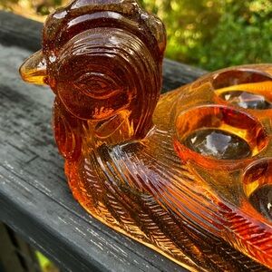 Amber Glass Rooster Egg Holder